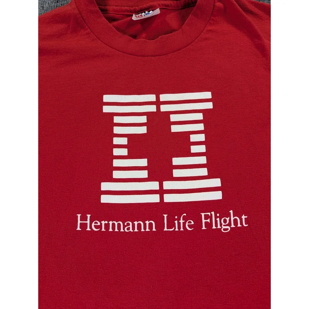 Vintage Y2K Rare Hanes Hermann Life Flight T Shirt Red Single Stitch Houston M